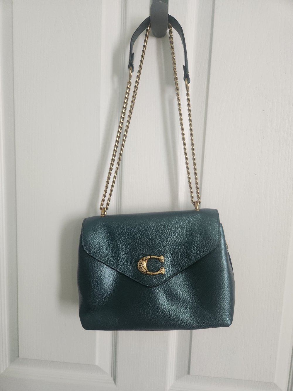 Coach Dark Green Leather Shoulder Bag with Gold Hardware
